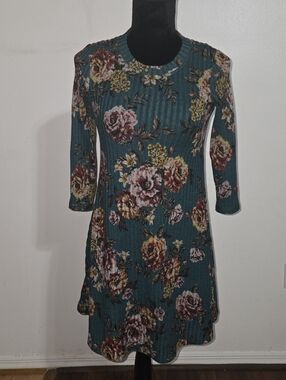 Floral Teal Ribbed A-Line Dress - Women's
